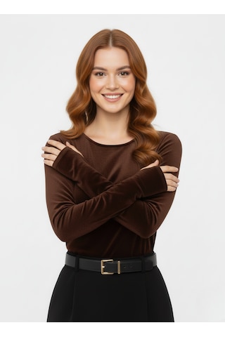 Smalltouch Kadın Parmak Geçmeli Uzun Kollu Kadife Kumaş Bluz Kahverengi