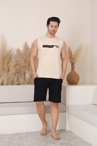 Seboteks %100 Pamuklu Kolsuz Cepli Erkek Şortlu Pijama Takımı 2011 Krem