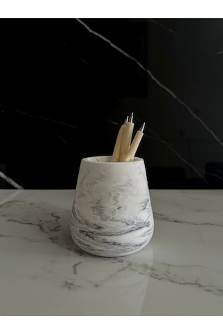 Beton Kalemlik Dekoratif Aksesuar El Yapımı Diş Fırçalık Minik Vazo Beyaz-siyah