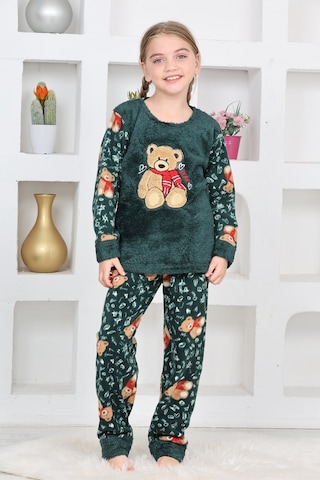 Kız Çocuk Welsoft Kumaş-göz Bantlı Ayıcık Baskılı Pijama Takımı 12293 Zümrüt Yeşili