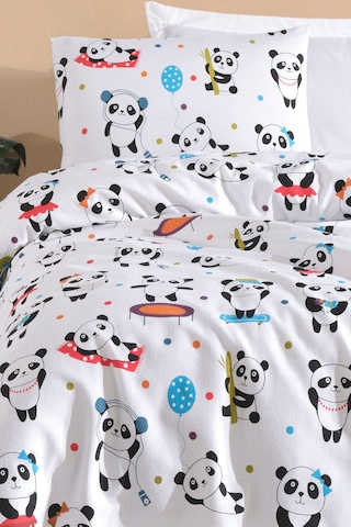 Baskılı Pike Takımı Tek Kişilik Lovepandas Beyaz Beyaz