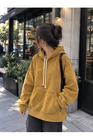 Stormwear Unisex Oversize Polar Sweatshirt Halat Kordonlu Kapüşonlu Cepli Sweat Sarı