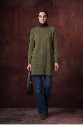 Armine Trend Geometrik Desenli Bisiklet Yaka Uzun Kollu Rahat Kesim Tunik Haki 26ktd411