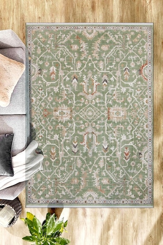 Adaçayı Yeşili Vintage Madalyon Desenli Makine Halısı - Modern Salon Ve Oturma Odası Halısı Cagla