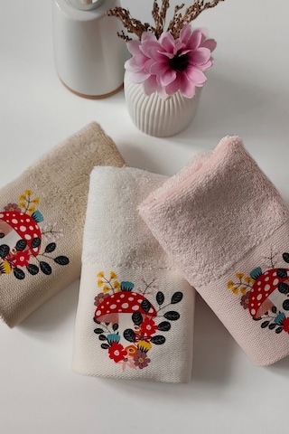 3'lü Mantar Baskılı Karışık Renkli Misafir Havlu Takımı - Bambu El & Yüz & Mutfak Havlusu - 30x50 Cm Krem Krem