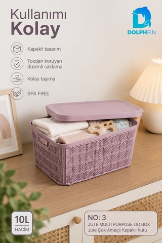Jute Kapaklı Saklama Kutusu 18 L Plastik Mutfak Kiler Dolap İçi Organizer 31x43x19,5 Cm Mor