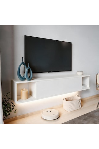 İnarch Dizayn Twist Led Işıklı Duvara Monte Tv Sehpası - 2 Kapaklı Beyaz
