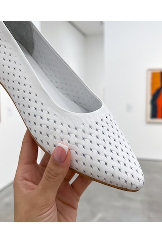 Futsishoes Stella Beyaz Hakiki Deri Örgü Desenli Kadın Babet