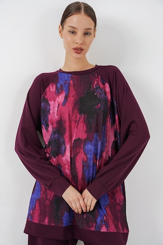 Bigdart Kadın Desenli Oversize Tunik Pantolon İkili Takım 55462 - Mor