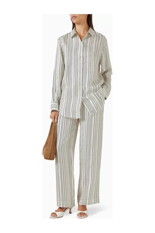 Asceno Aurelia Çizgili Ipek Twill Pantolon Umber Brown Fine Stripe Beyaz