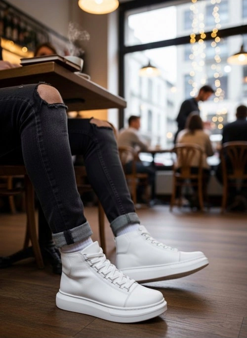 Ba0713 Bağcıklı Beyaz Yüksek Taban Erkek Tarz Spor Bot Beyaz