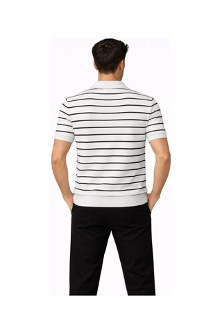 Vexor Erkek Triko Polo Yaka Fermuarlı Çizgili Tişört T-shirt Yazlık Şık - Beyaz