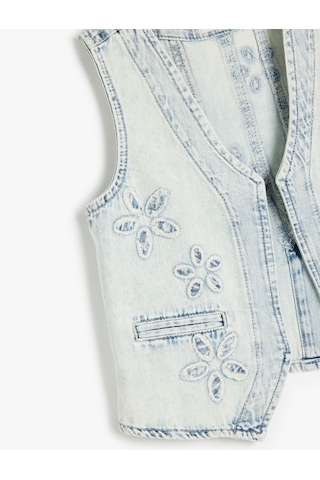 Koton Çiçek Desenli Cepli Pamuklu V Yaka Denim Yelek Lıght Indıgo 5skg20014ad Açık Mavi