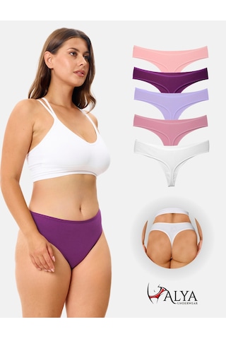 Alya Underwear Kadın Bato Tanga Pamuklu Külot, Büyük Beden String, 5'li Paket- 2 Siyah, 1 Beyaz, 2 Ten Multicolor-p25