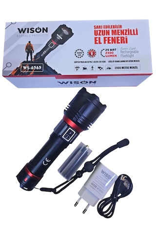 Wison Ws-6565 25wat 5000mah 2300lm Şarjlı Uzun Menzilli El Feneri Siyah