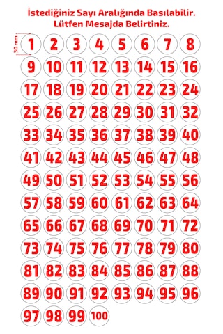 Sayı Etiketi Sayı Sticker Numara Etiketi 1'den 100'e Kadar Kırmız