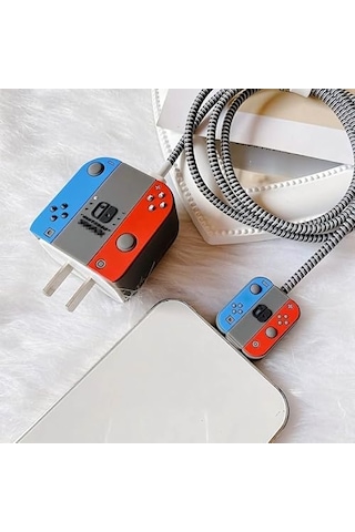18w-20w Şarj Adaptörü İle Uyumlu Nintendo Switch Tasarımlı Şarj Başlığı Ve Şarj Kablo Koruyucu Set Renkli