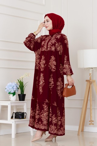Sevitli Yarım Düğmeli Robalı Zülal Elbise-bordo-5208