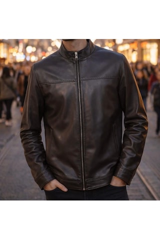 Viamod Leather Erkek Kahverengi Hakim Yaka Deri Mont Ceket 8608 Acı Kahverengi