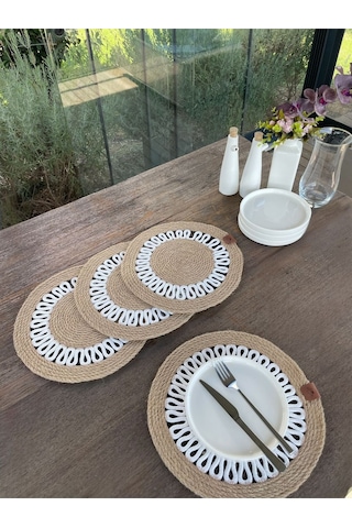 4 Kişilik Yuvarlak Amerikan Servis Özel Tasarım Jüt / Beyaz 33 X 33 Cm Natural