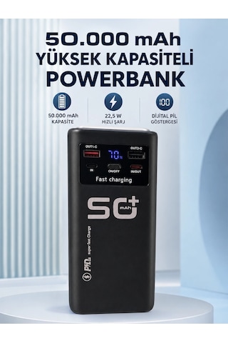 50.000 Mah Taşınabilir Powerbank 22,5 W Hızlı Şarj 4 Dahili Şarj Kablosu Dijital Ekran Led Aydınlatm