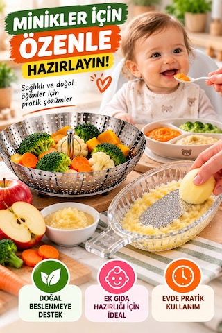 2'li Ek Gıda Seti Buharda Sebze Pişirme Aparatı Ve Cam Elma Rendesi Bebek Meyve Püresi Hazırlama Set