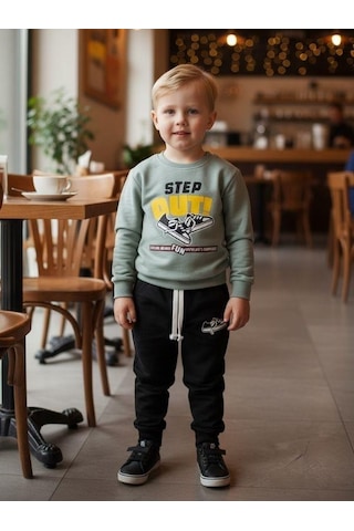 Zekids Erkek Çocuk Pamuklu Step Out Baskılı Eşofman Takımı-16348 Yeşil