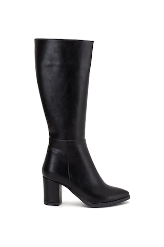 Kadın Topuklu Çizme Siyah Suni Deri Sivri Burun-4207 Siyah