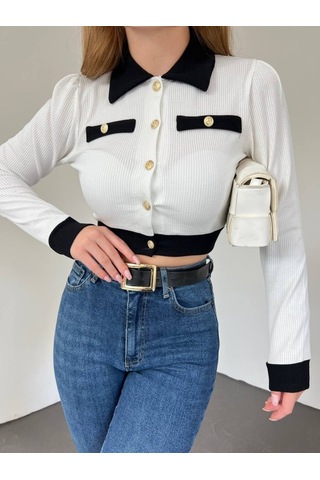 Düğmeli Cep Detaylı Crop Hırka -beyaz Karışık