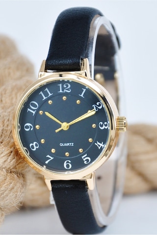 Altın Renk Kasa Siyah Deri Kordon Siyah Kadran Kadın Kol Saati Su-887