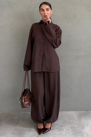 Madmext Kahverengi Oversize Gömlek Balon Pantolon Kadın Takım Mg2779