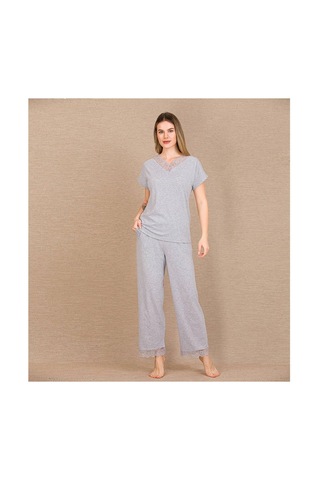 Aria's Closet Arias Closet Viskon Şık Tasarım Dantel İşlemeli Gri Kısa Kol Pijama Takımı