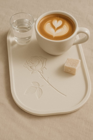 Gül Çizimli El Yapımı Dekoratif Tabak Özel Tasarım 23 X 13 Cm Beyaz