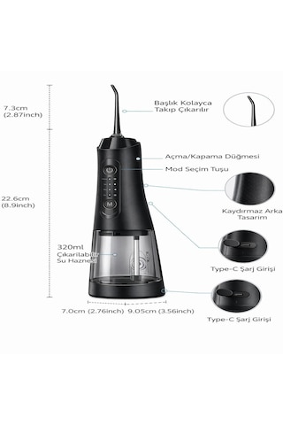 Şarjlı Ağız Duşu 320 Ml Su Hazneli 4 Modlu Ipx7 Su Geçirmez Taşınabilir Oral Irrigator 5 Başlıklı Type-c