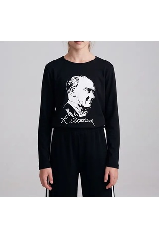 Hipatu Uzun Kollu Atatürk Baskılı Tişört Siyah