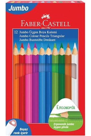 Faber-castell Jumbo Üçgen Boya Kalemi, 12 Renk, Ergonomik Gövde, Beyaz Renk İçerir, Kalın Uçlu, Canlı Ve Örtüc Genel
