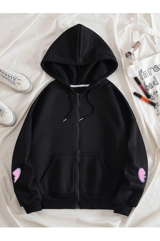 Startmore Bear And Heart Print Zip Up Lined Drawstring Hoodie Siyah Siyah