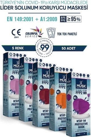 Musk Kf94 Kore Tipi N95 Maske 5 Renk 50 Adet (Pembe, Mor, Lila