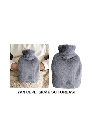 Sıcak Su Torbası Yan Cepli Gri Peluş Termofor 27x17x2cm 1 Litre Koyu Gri