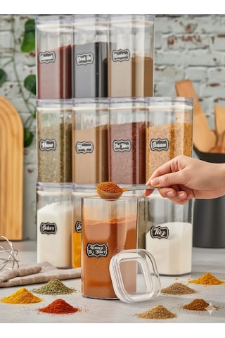 12'li 300ml Vakumlu Kapak Baharatlık Takımı - Sızdırmaz Conta - 25 Adet Etiket Hediyeli Şeffaf