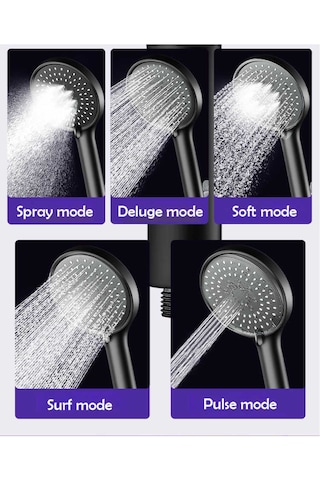 Ahlez Mat Siyah Yuvarlak 5 Fonksiyonlu Duş Başlığı El Duşu Siyah