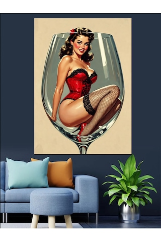 Şarap Kadehli Pin-up Kadın Dekoratif Kanvas - Mdf Ahşap Tablo