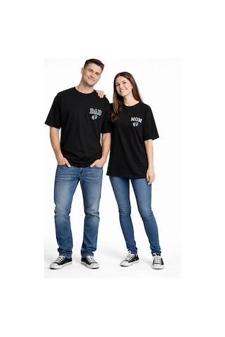 Nevermind Anne Baba Kombini Mom Dad Baskılı Çift Tişört Oversize Unisex 2 L Siyah