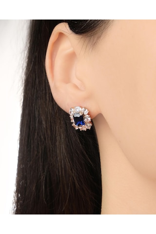 Lekka Design Kadın Kararmaz Çelik Lüks Takı Lacivert Baget Zirkon Taşlı Abiye Küpe