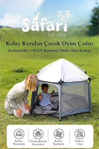 Kiwi Safari Çocuk-bebek Oyun Parkı Çadırı +50 Uv Korumalı,kolay Kurulum,alüminyum Sağlam Gövde- Siyah