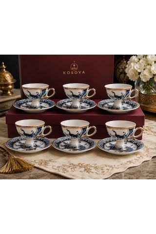 Premium Collection Ayaklı 6 Lı Türk Kahvesi Fincan Takımı Mavi Gold Desenli Kutulu Lüx Kahve Seti Çok Renkli