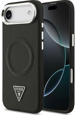 Apple Uyumlu iPhone 17 Air Kılıf Guess Lisanslı M-safeli Pu Deri Metal Kamera Çerçeveli Üçgen Logolu Siyah Siyah