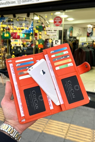 Creen Turuncu Unisex Hakiki Deri Telefon Gözlü Cüzdan Sevgililer Günü Hediyesi Erkek-kadın Turuncu