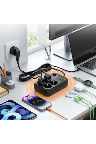 Lunaev Çoklu Priz Uzatma Kablosu 4 Soket + 4 Usb + 2 Type-c Termal Akım Korumalı, Isıya Dayanıklı, 0