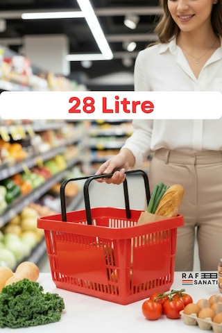 5 Adet 28 Litre Plastik Market Alışveriş Sepeti Saplı Dayanıklı Market Mağaza El Sepeti Kırmızı